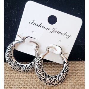 Fashion 1" Diameter Filigree Silver Alloy Hoop Earrings Jewelry Pierced
